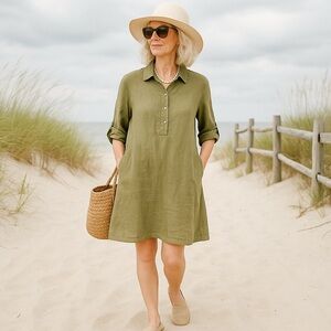 Elena Baldi Womens Olive Green Linen Shirt Dress Size S Italian Minimalist Chic